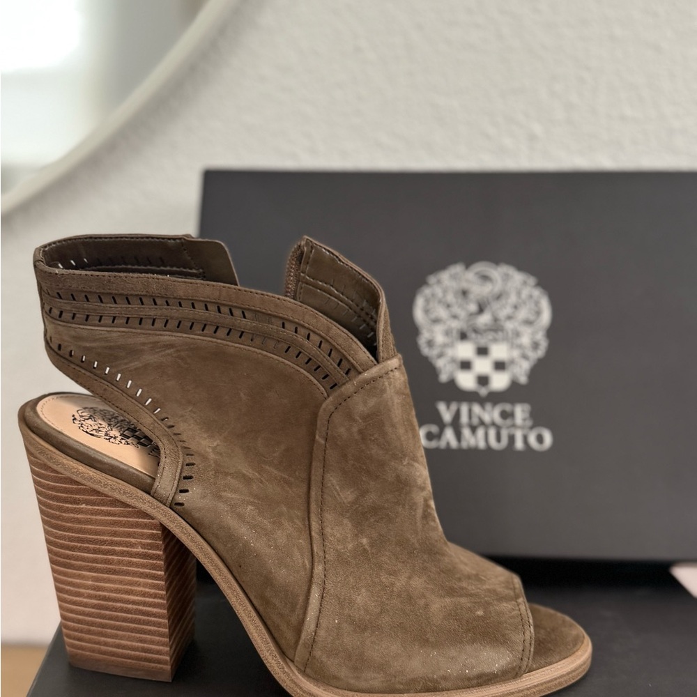 Vince Camuto 
Women's Brown Suede Heeled open toe Booties (NEW/Never worn)